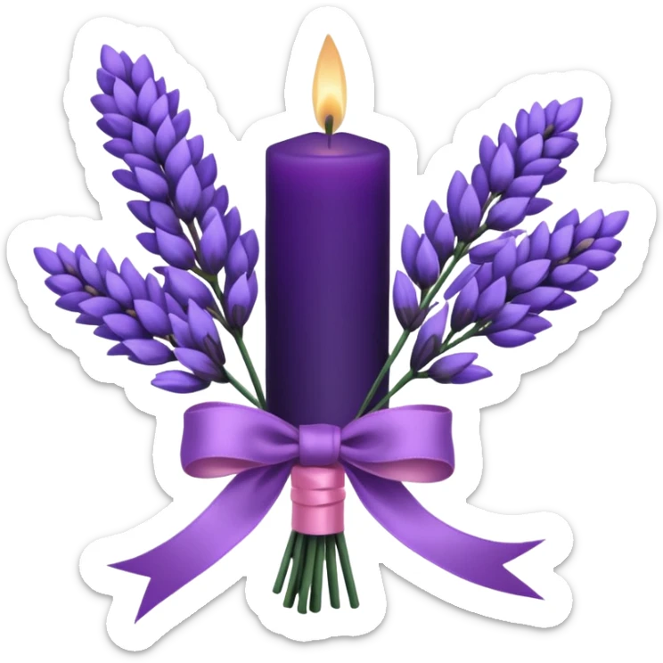 a beautiful aesthetic bouquet of dark purple and light pink lavender tied with a silk purple ribbon and next to it a pink decorative candle  sticker