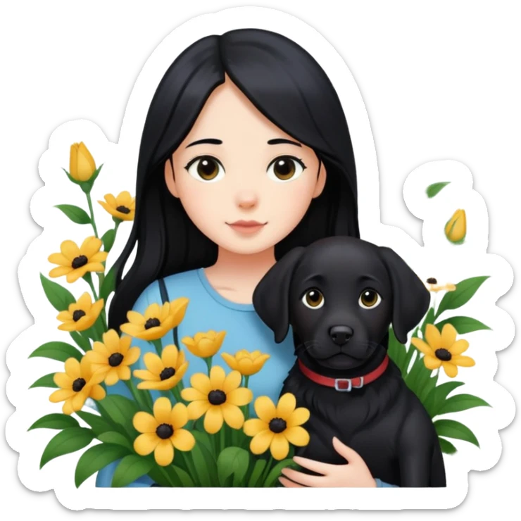 A girl with long black hair is holding a black Labrador in the flowers sticker