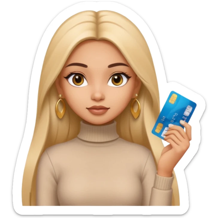 a pretty bratz fair indian girl wearing a beige turtleneck, golden earrings, straight ling hair, holding bank cards sticker