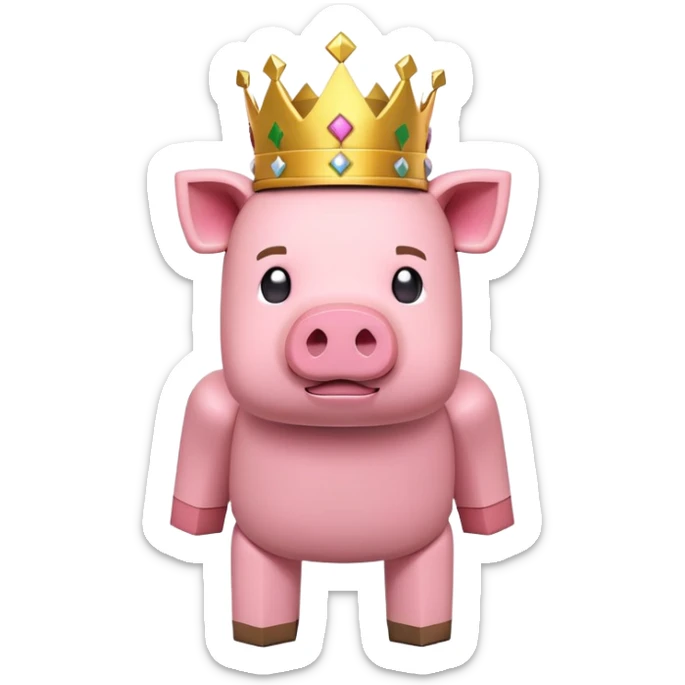 minecraft pig full body pink blocky animal with square head wearing a crown sticker