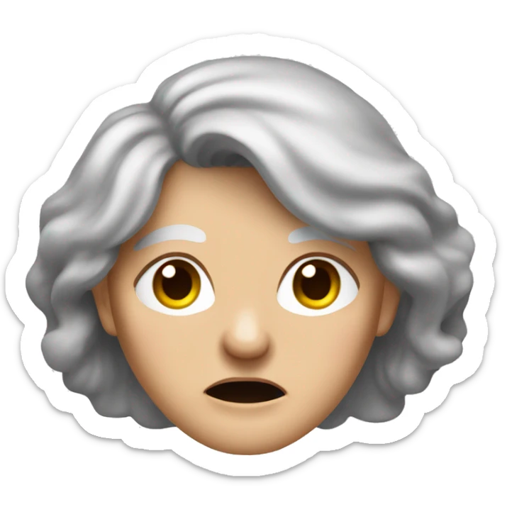 Angry old lady with greyish brownish hair its long hair and she has brown eyes andshe is wearing a peakock shirt sticker