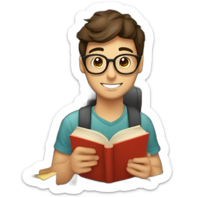 joven estudiante con  con un libro en sus manos y en su cabeza, junto a muchos libros y una lampara y un libro en su cabeza sticker