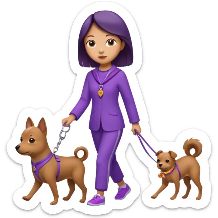 Chinese woman wearing purple outfit walking 1 small brown dog sticker