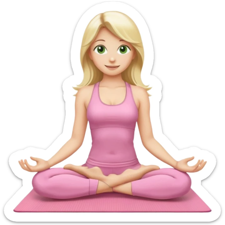 blonde yoga girl with long hair and green eyes, wearing light pink outfit, sitting in lotus pose on a yoga mat, emoji style sticker