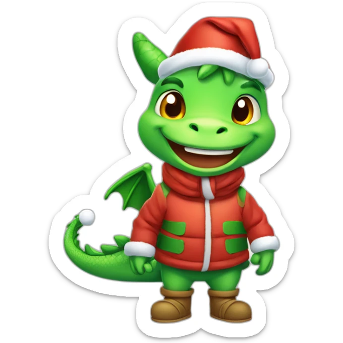 happy little green cartoon dragon of child, in winter, in work pants, in work clothes, in winter boots, in a Santa Claus hat, New Year sticker
