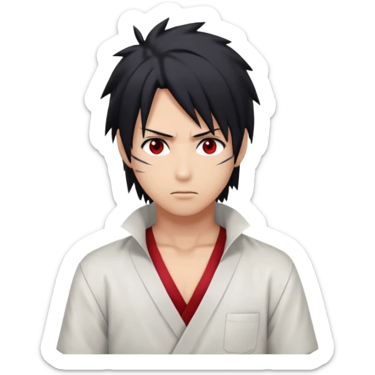 Sasuke Uchiha. White low cut shirt, dark hair, Sasuke hair, red eyes sticker