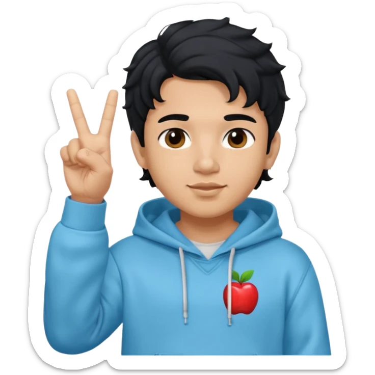 An indian boy in a light blue hoodie with wavy flow hairstyle showing peace sign, with black hair color, apple memoji style sticker