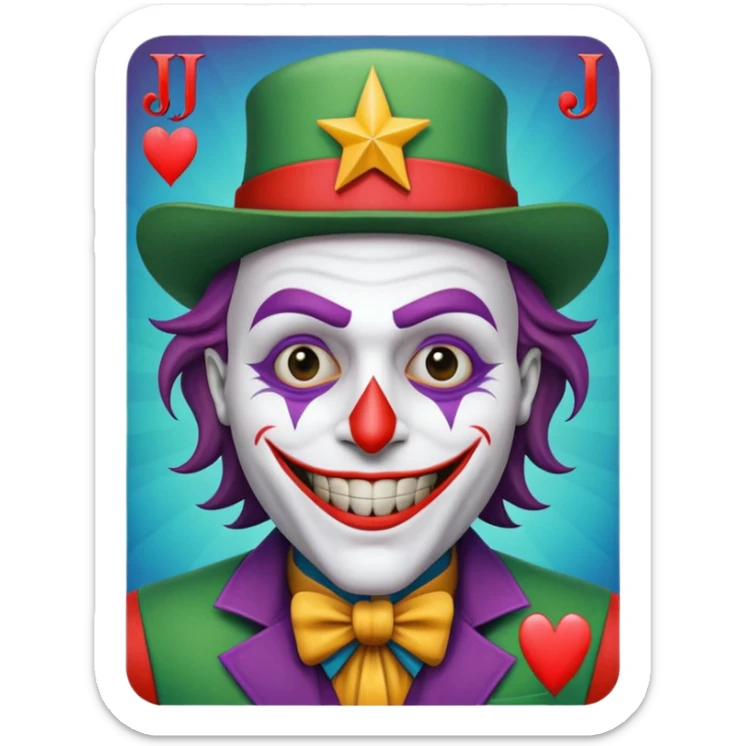 1 poker card, perfectly squared card, with crazy colorful human jolly joker inside, star symbol with a "J" sticker