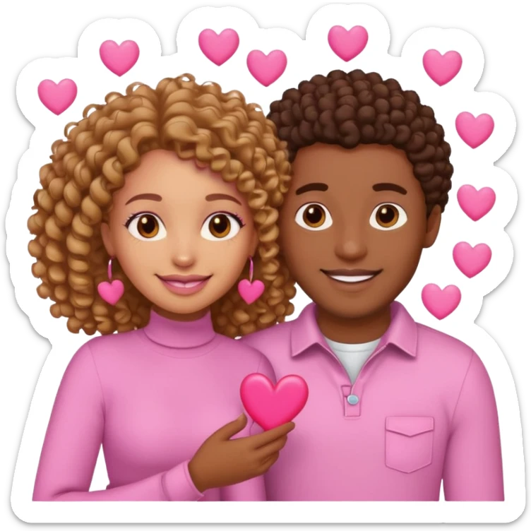 a black couple, woman light skin with curly hair and man brown skin with a nice smile with pink hearts around them cartoon emoji sticker