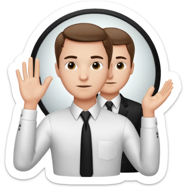 A man wearing a white dress shirt and black tie looking into a mirror holding up his hand. We should be seeing the back of the man and his reflection in the mirror. sticker