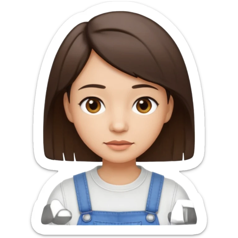 create an emoji of an adult woman with some faint wrinkles but with short straight brown hair, light skin, dark brown eyes and white top with an overall sticker