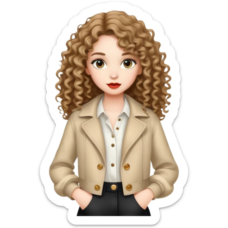 Fashionable girl with stylish outfit and long curly hair sticker