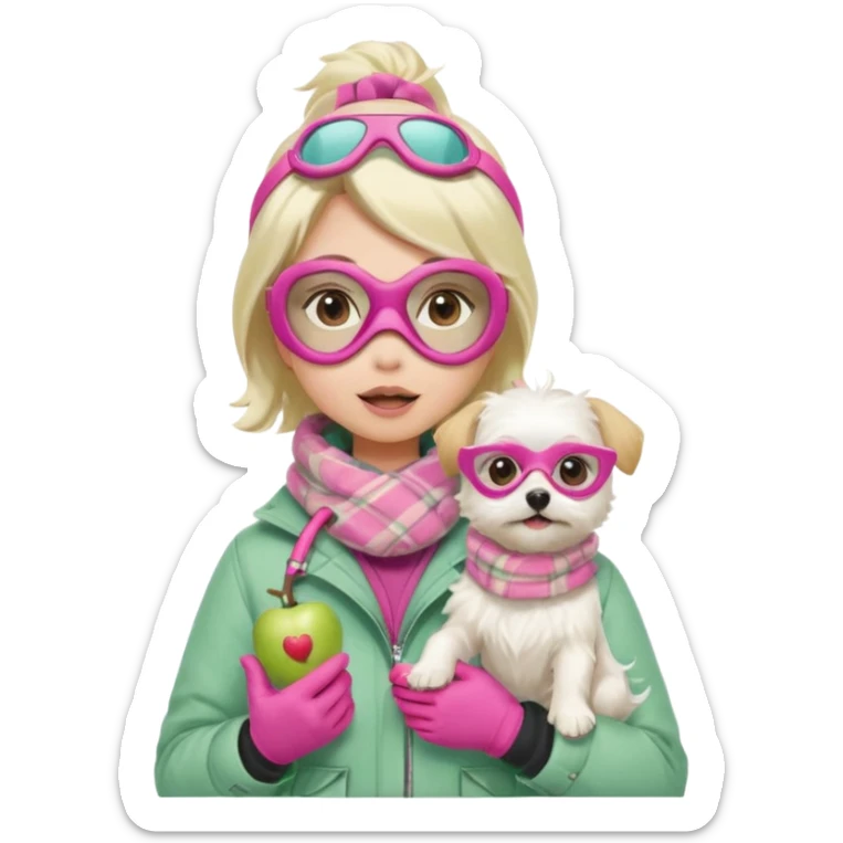 female character in cozy winter outfit, soft pastel green jacket, beige plaid scarf, snorkel mask with pink detailing, holding cute white Maltese dog, surprised expression, bright and clear, Apple emoji style sticker