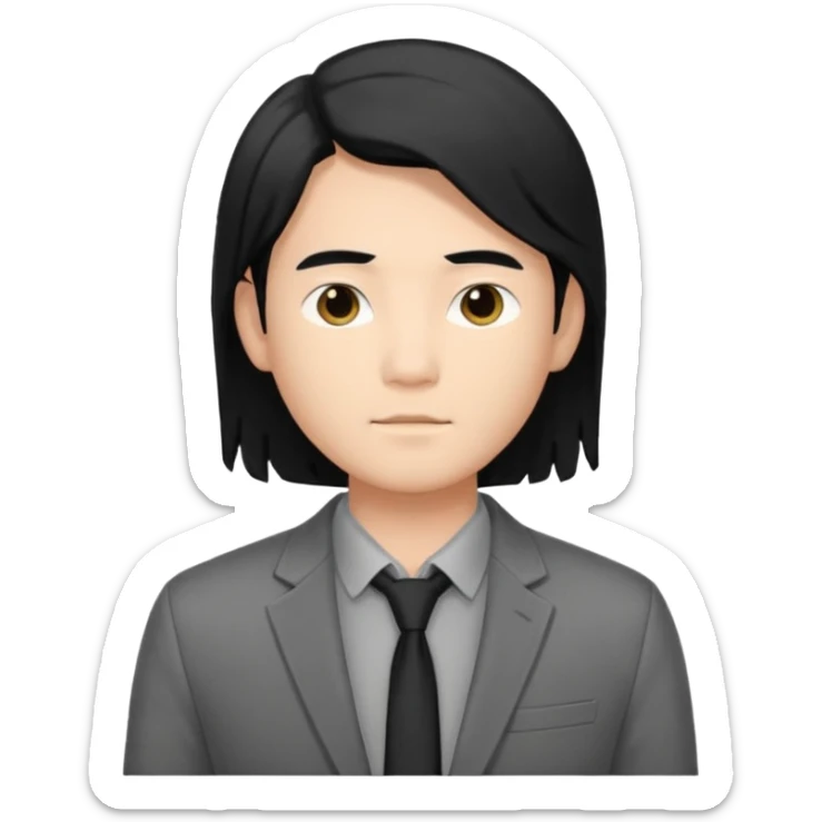 asian young man with long black hair middle part haircut in grey blazer and black t-shirt  sticker