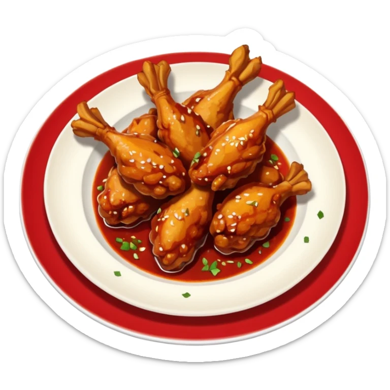 plate of spicy chicken wings with red sauce and chili flakes sticker