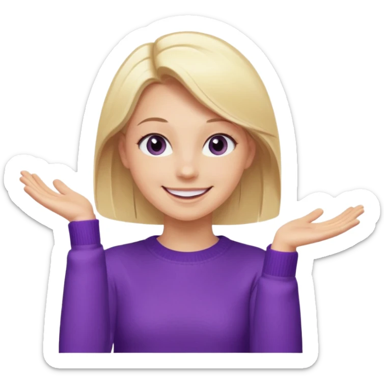 Emoji-style illustration of a joyful young woman, smooth, shiny, perfectly styled blonde hair, wearing a purple sweater, smiling widely with eyes sparkling, expressing happiness and excitement, cartoonish, expressive, simple lines, flat colors, clear silhouette sticker