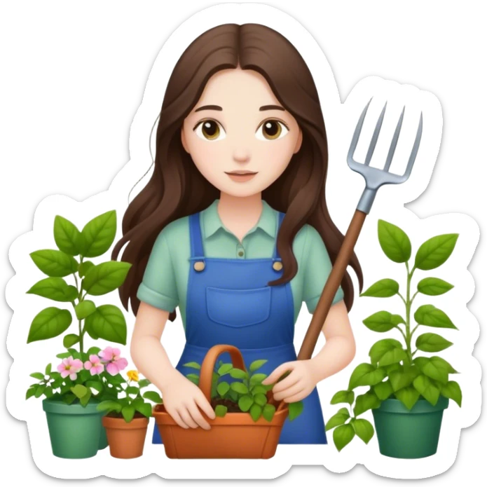beautiful pale brunette girl with long hair gardening sticker