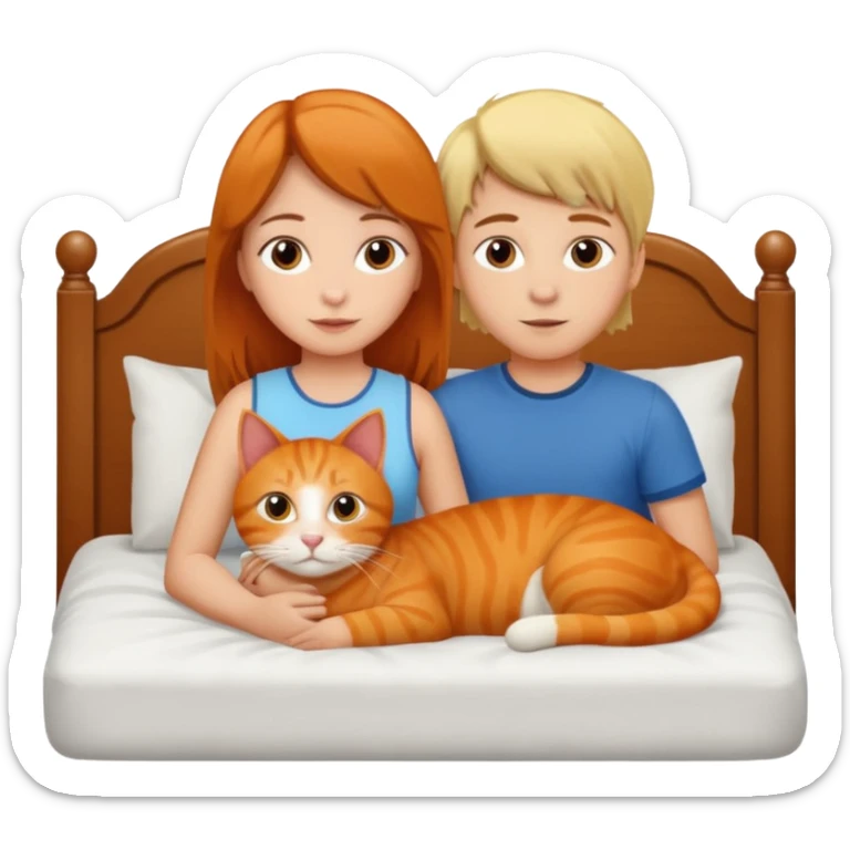 Girl with brown hair. Boy with blonde hair. In a bed. With an orange cat. sticker