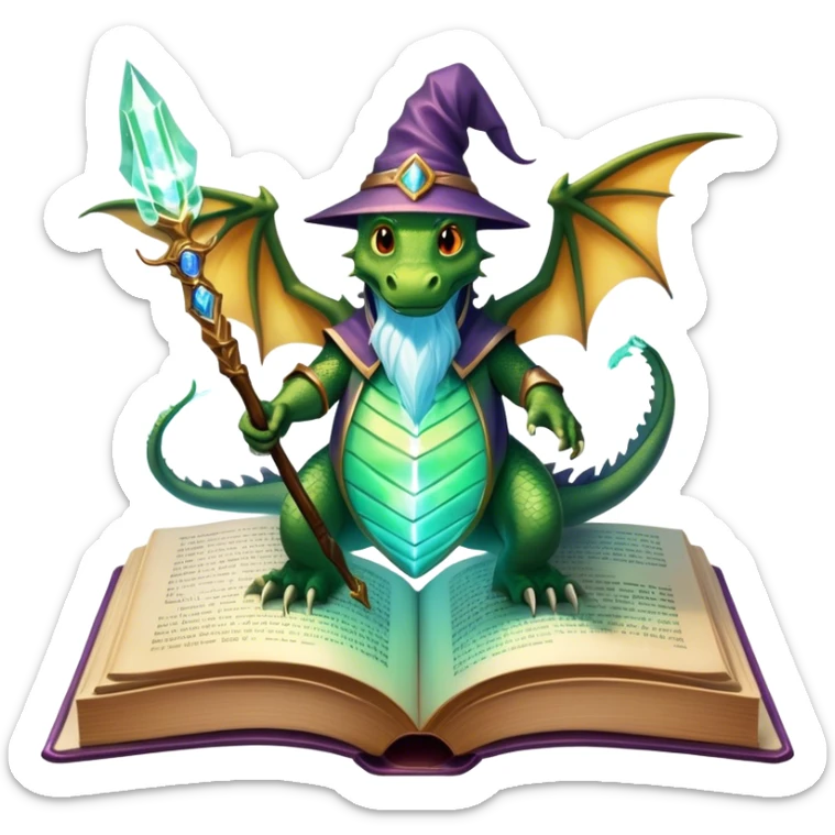 Icon for Fantasy and Sci-Fi Literature: a magical book with glowing pages, surrounded by a dragon, a spaceship, and a wizard with a staff. The icon should capture the adventurous and imaginative world of fantasy and science fiction. Transparent background. sticker