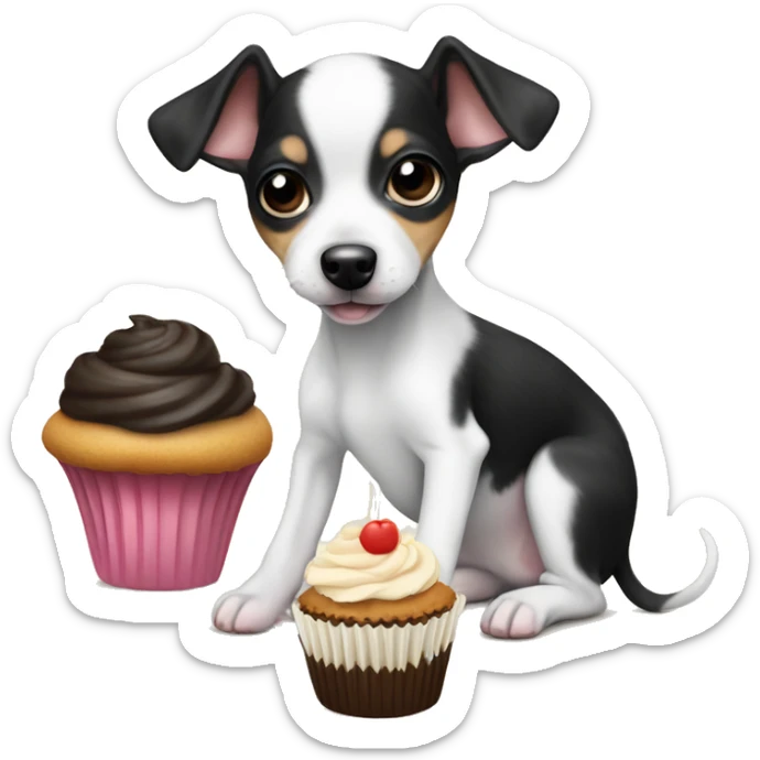 Cute big eyed Black and white rat terrier puppy (no brown or tan) eating a cupcake sticker
