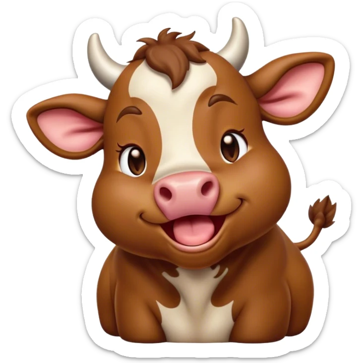 Cinematic Cute Yawning Brown Cow Portrait Emoji, Head tilted slightly with a dramatic, wide-open yawn, showcasing a smooth, rich brown hide with a subtle shine, floppy ears slightly drooping, round brown eyes barely open in drowsy contentment, Simplified yet irresistibly adorable features, highly detailed, glowing with a soft, cozy glow, high shine, relaxed yet expressive, stylized with a touch of pastoral whimsy, bright and endearing, soft glowing outline, capturing the essence of a sleepy yet affectionate cow, so drowsy it feels like it could amble right out of the screen and curl up for a nap! sticker