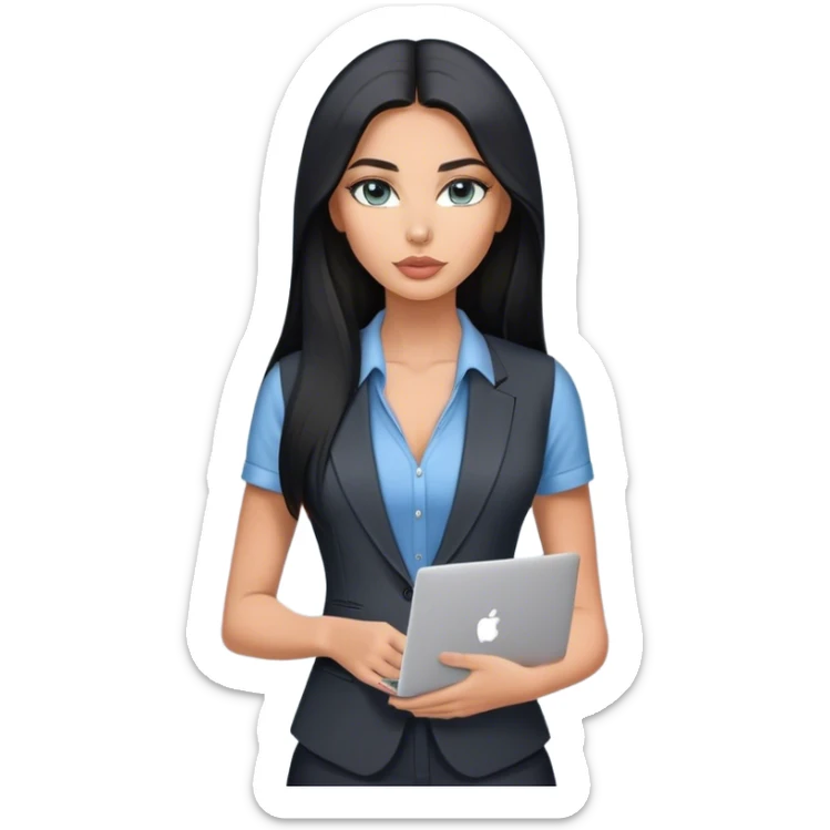 Glamours tanned very beautiful girl with pump peach nude lips and black straight smooth long hair, blue-grey eyes in beautiful v-neck black vest from the suit (short sleeves) no blazer and no anything under the vest, only vest with MacBook sticker