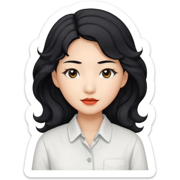 Asian woman, black hair, long permed wavy hair, white button-up shirt, flat colors, transparent background, black eyes sticker