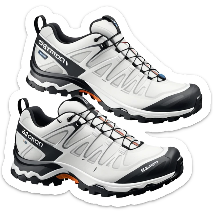 Pair of white Salomon XT-6 Gore-Tex shoes arranged with one slightly behind the other, iOS emoji style with simplified details, technical white hiking shoes with characteristic Quicklace system sticker