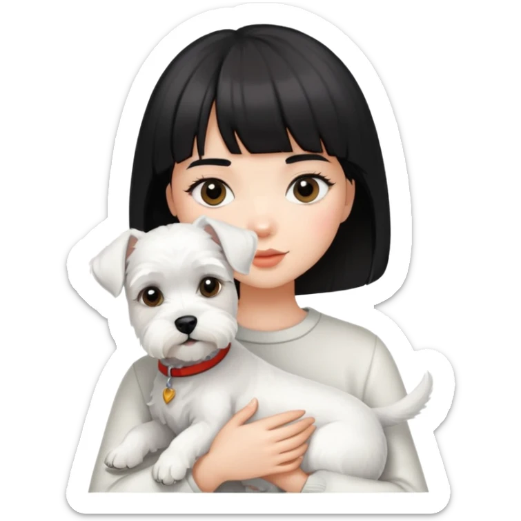 Girl with short black hair and bangs holding a white schnauzer dog sticker