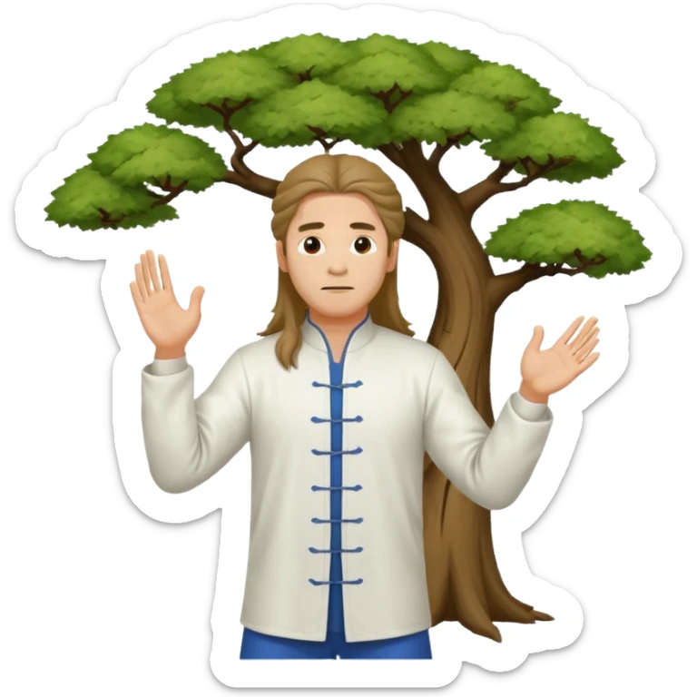 pratiquant de qi gong, homme aux cheveux long, en position de l'arbre, en tenue noire ou blanche sticker
