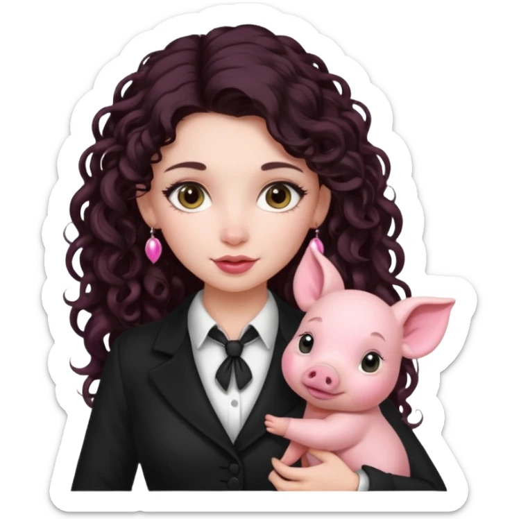 Ragazza bellissima sexy vestita bene capelli lunghi scuri con un piccolo maialino sticker