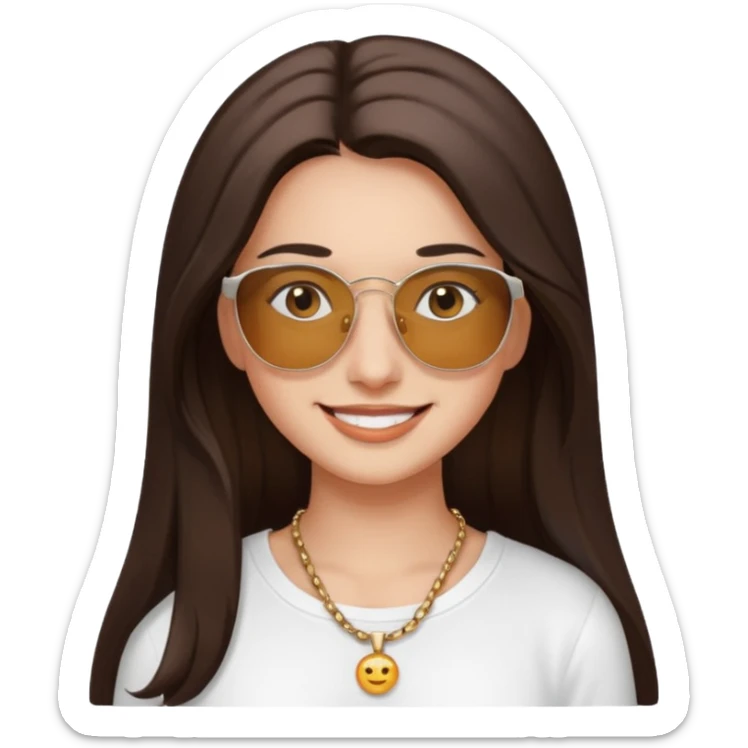 young woman with long dark brown hair, dark eyes, fair complexion, smiling, wearing white long-sleeved shirt, necklace, sunglasses on head sticker
