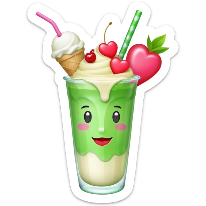 Cute emoji-style illustration of a green soda float with ice, vanilla ice cream scoop, two red cherries, pink heart-shaped straw, simple shapes, bright colors, glossy, kawaii style, centered, transparent background
 sticker
