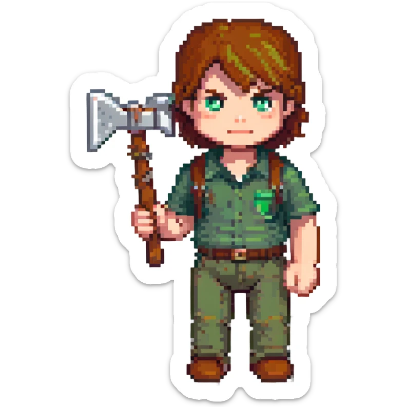 Minecraft character, pixel art style, blocky figure with brown hair and green shirt, holding a pickaxe sticker