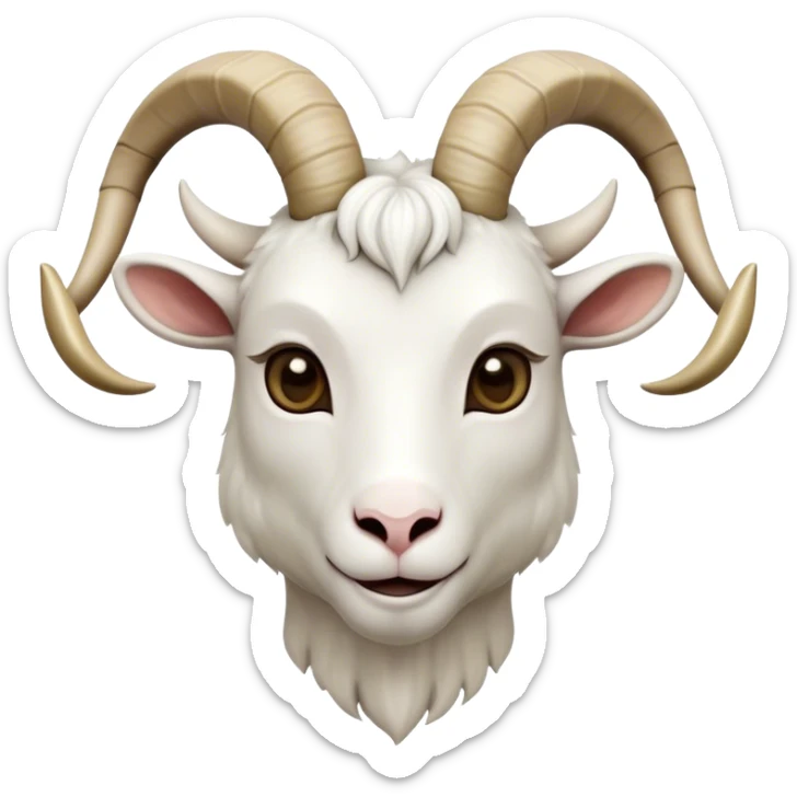 Cinematic Noble White Goat Portrait Emoji, Poised and regal, with a sturdy, agile build and a pristine, smooth white fur accented by gracefully curved horns, deep-set soulful dark eyes, Simplified yet sharp and sophisticated features, highly detailed, glowing with a soft, dignified glow, high shine, intelligent and spirited, stylized with an air of pastoral elegance, focused and attentive, soft glowing outline, capturing the essence of a watchful and confident goat, so majestic it feels as though it could leap out of the screen with effortless authority! sticker