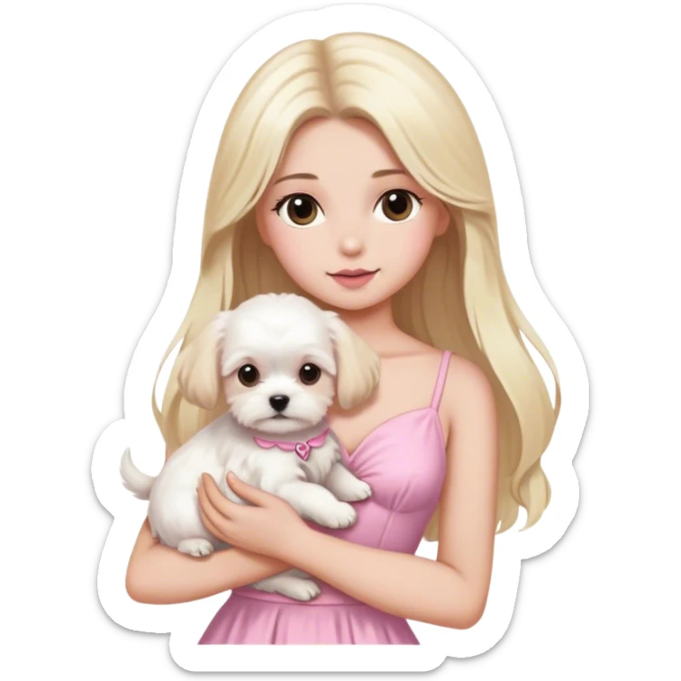 Blonde long hair brown eyes woman with white maltese puppy with pink dress sticker