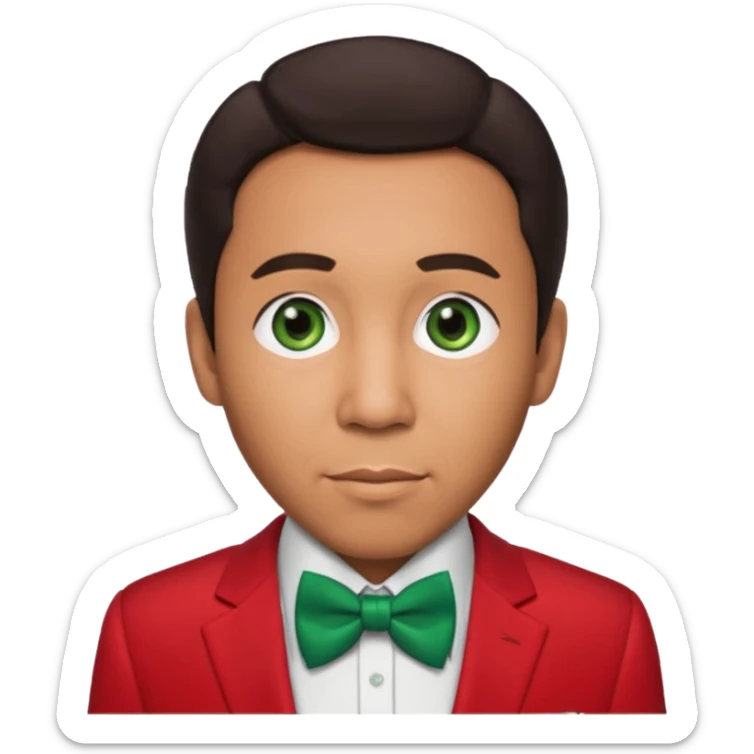 Smokey Robinson with dark brown hair, red suit with bow tie, green eyes sticker