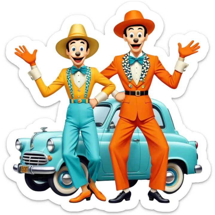 A vintage movie poster-style design with two goofy characters in outrageous outfits, showing exaggerated, silly expressions. Include elements like a goofy car, ridiculous props, and comical facial expressions. Retro comedic style with vibrant colors. Transparent background. sticker