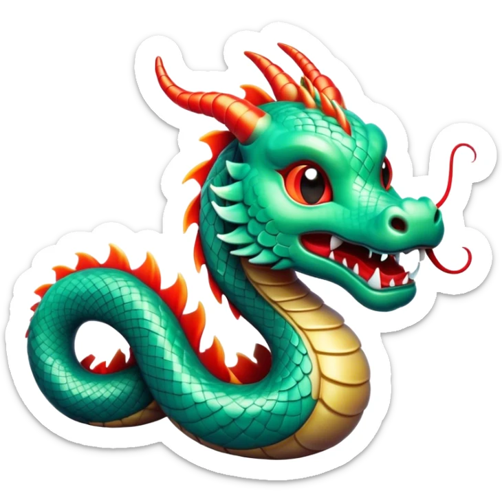 Cinematic Cute Chinese Serpent Dragon Portrait Emoji, Head tilted playfully and inquisitively, showcasing a slender, flowing body with vibrant jade scales and soft vermilion accents intertwined with whimsical wisps of cloud and water details; rendered with realistic finesse and warm natural light, high shine, charming and spirited, styled with a touch of mythic whimsy, soft glowing outline, capturing the essence of a mischievous yet endearing celestial dragon poised to weave magic into your dreams! sticker