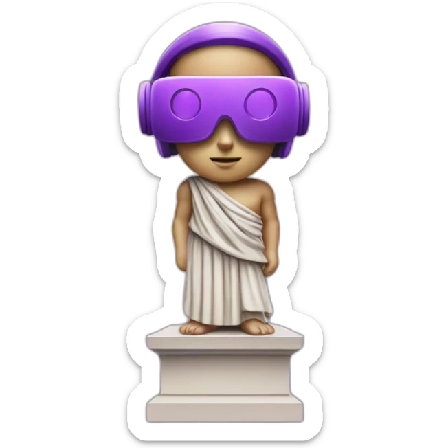 an EMOJI OF A ancient young greek statue, wearing VR headset, purple colors, DIGITAL UNIVERSE sticker