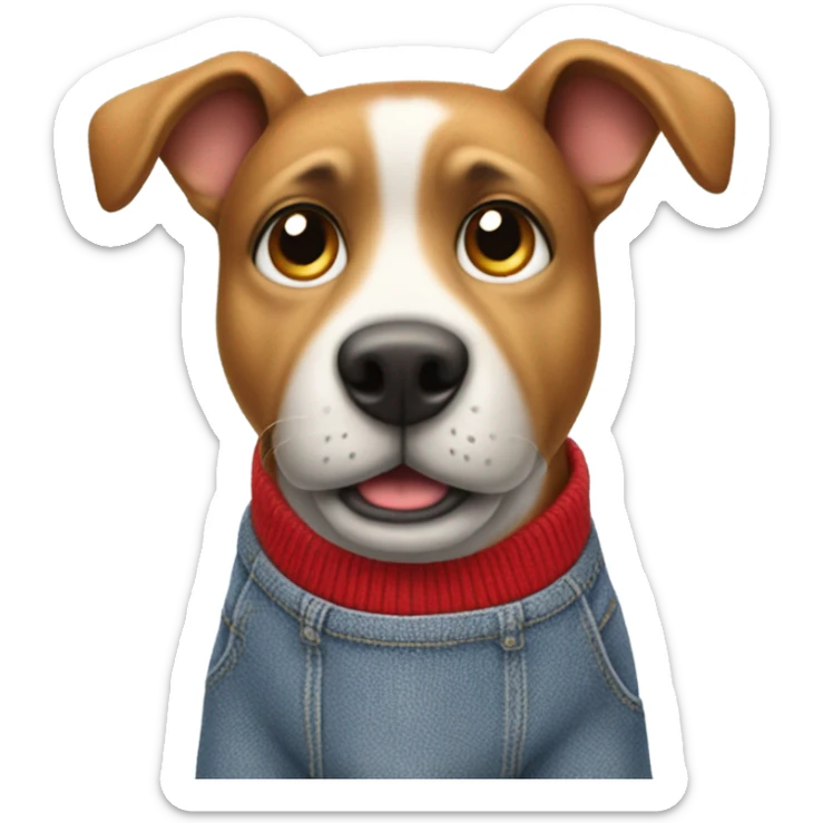 Dog wearing a grey sweater, blue jeans, and red sneakers. his hands are in his jean pockets sticker