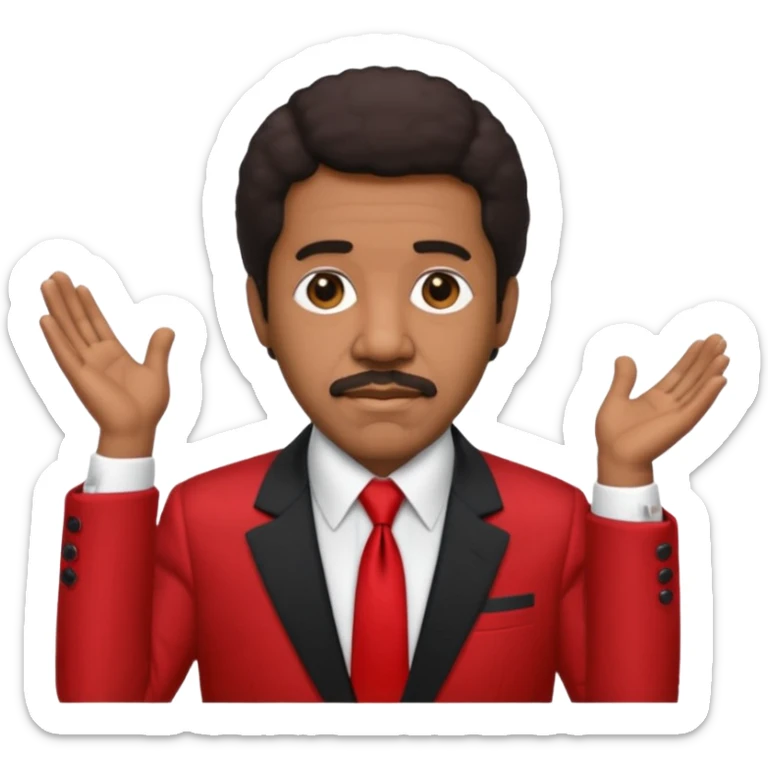 Richard Pryor with dark brown hair, red suit jacket, black suit shirt with red tie sticker