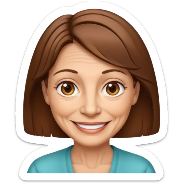 Woman 60, brown hair, brown eyes, smiling sticker
