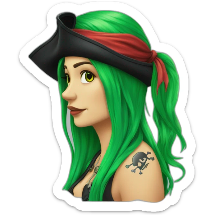 Woman long green hair hanging to one side in a platt, tattoo on side of head.  pirate hat. skull and crossbones t shirt sticker