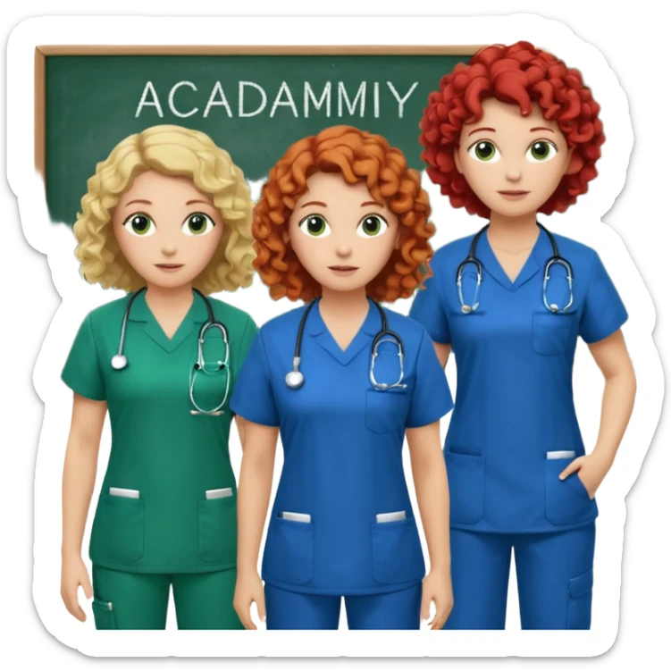 3 nurses: nurse 1 is wearing green work clothes, curly hair, middle european. nurse 2 is wearing blue work clothes, blond hair, scandinavic, nurse 3 is wearing white work clothes, red hair. they all stand in a classroom, "Academy" written in white on board sticker