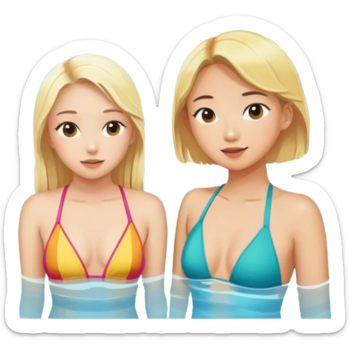 Blonde girl wearing a bathing suit and an Asian girl wearing a bathing suit on the pool side, watching the view tanning sticker