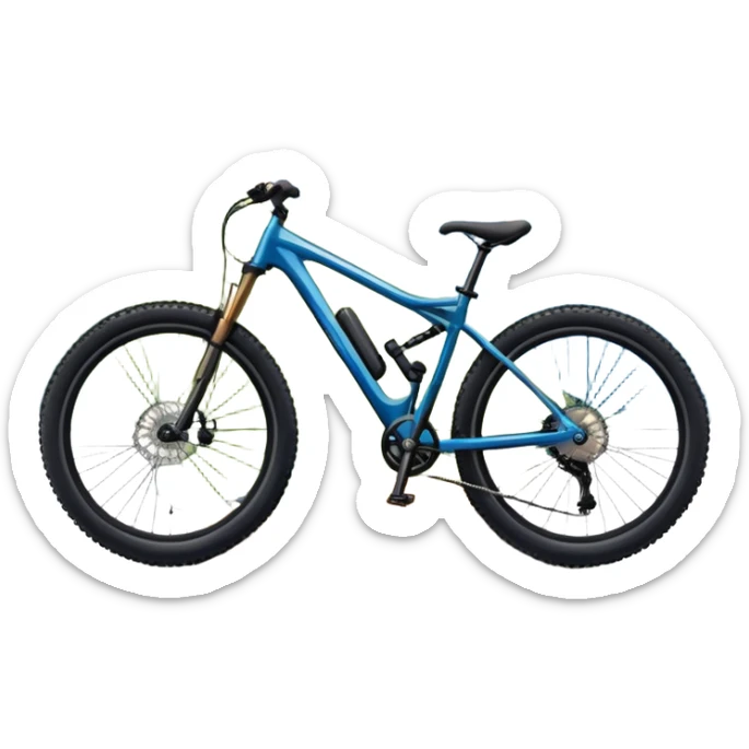 An icon featuring a mountain bike parked at the summit of a mountain, overlooking a vast mountain range and winding trail below. The backdrop includes rugged peaks, rolling hills, and a clear blue sky, with the sun casting warm light on the scene. Transparent background emphasizes the adventure. sticker