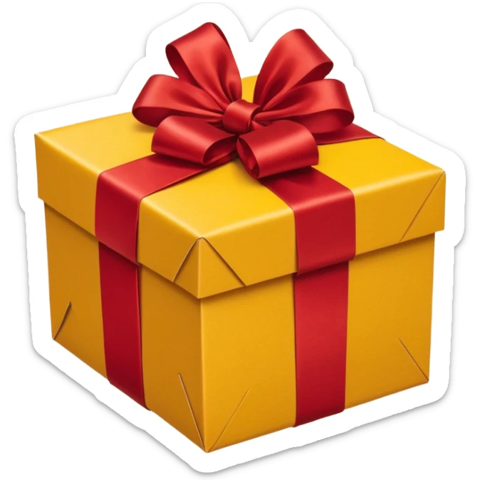 box with yellow wrapping paper and a length of red ribbon surrounding it on the ground so you can see most of the box's cardboard sticker