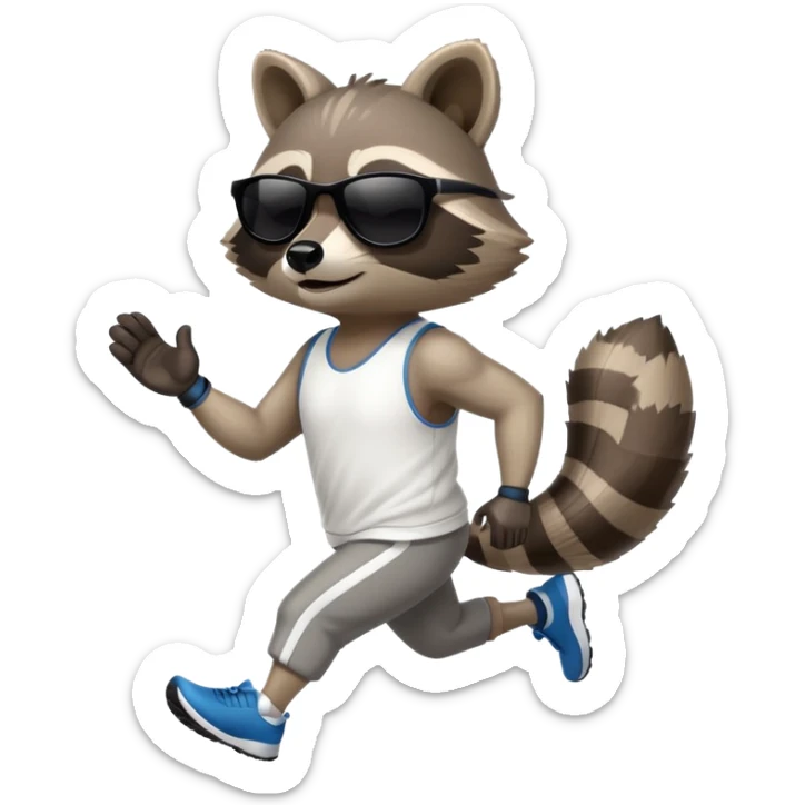 friendly anthropomorphised raccoon in sports wear, wearing dark sunglasses, jogging upright, mafia style sticker