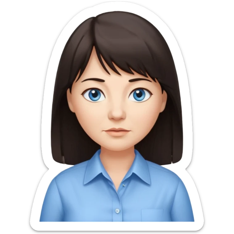 50 yr old woman, blue eyes, long straight dark brown hair, business shirt, chubby, bangs sticker